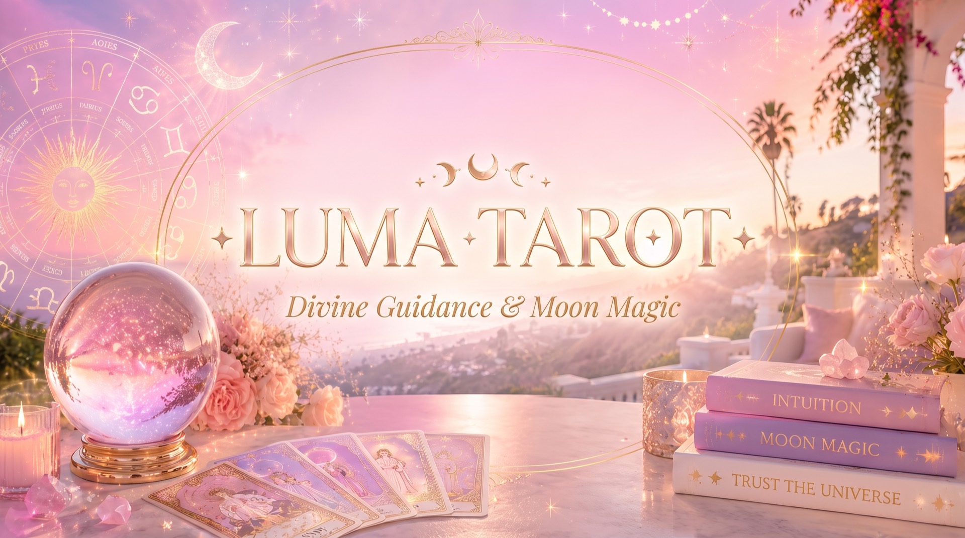 Luma Tarot — Divine Guidance & Moon Magic. A crystal ball, tarot cards, roses and rose quartz at golden hour.